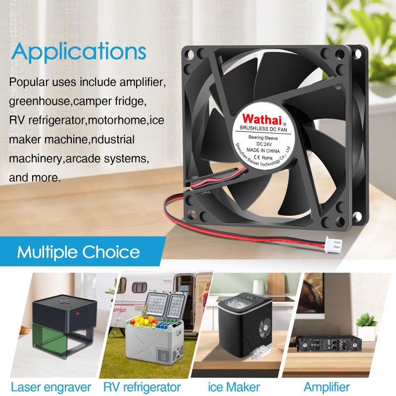 Wathai 80mm 24V DC Cooling Fan 2Pin 24Volt 80mm x 25mm Brushless 3 Inch Fan High Speed for DIY Ventilation Exhaust Projects Cooling 2 Pack - Image 2